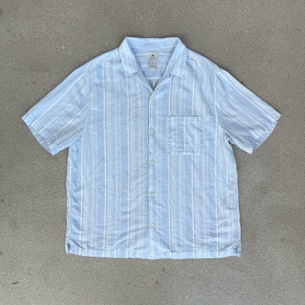 H&M Regular Fit Mens XL Button Up Shirt - Blue-White Striped Short Sleeve